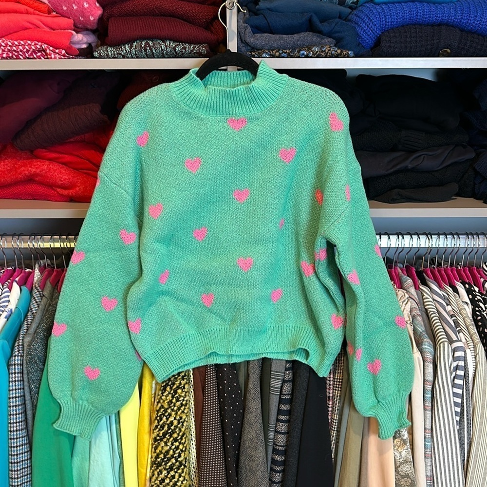 SHEIN green with pink hearts long sleeve mock neck took sweater size S NWOT